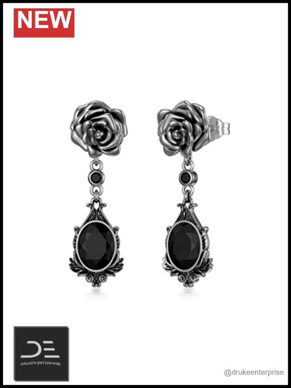 925 Sterling Silver Gothic Rose Drop Earrings with Crystal - Dangle Jewelry